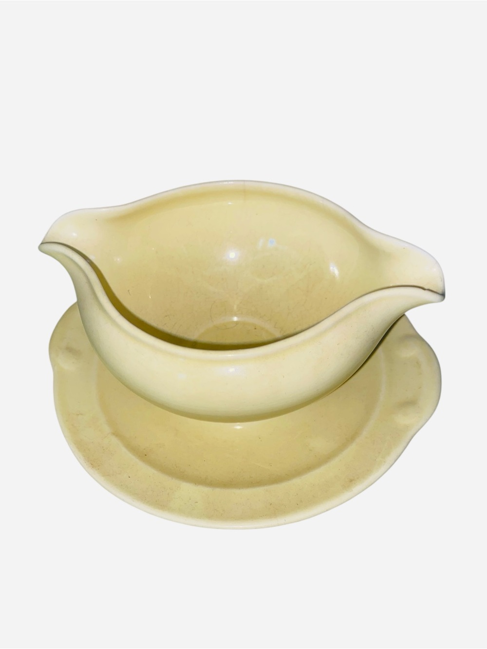 Lu Ray Pastel Yellow Gravy Boat w Attached Plate Vintage Ceramic Dinnerware 16oz